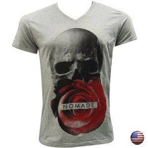 NOMADE MEN'S GRAY SKULL WITH ROSE V-NECK T-SHIRT